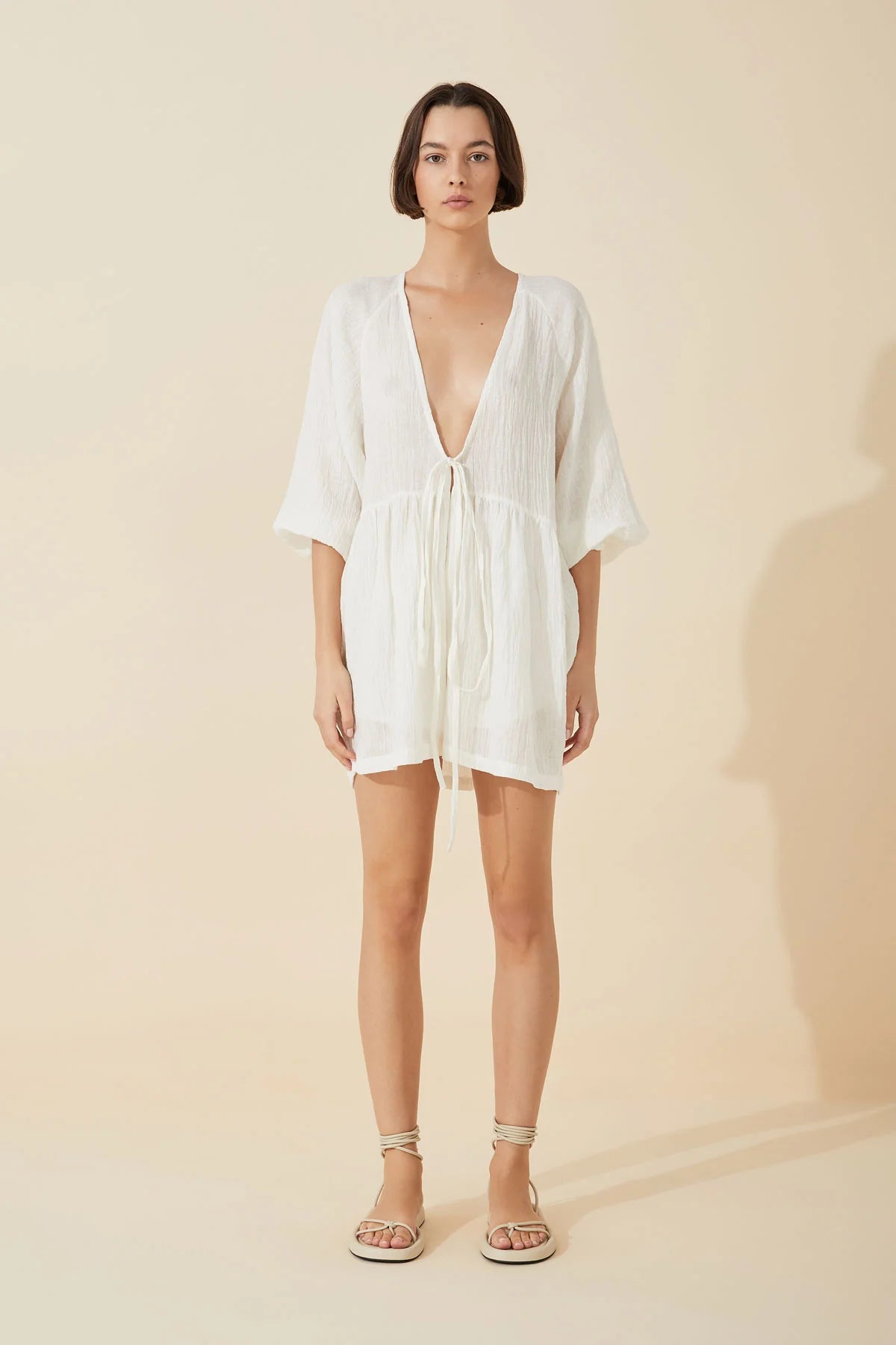 White Textured Linen Top