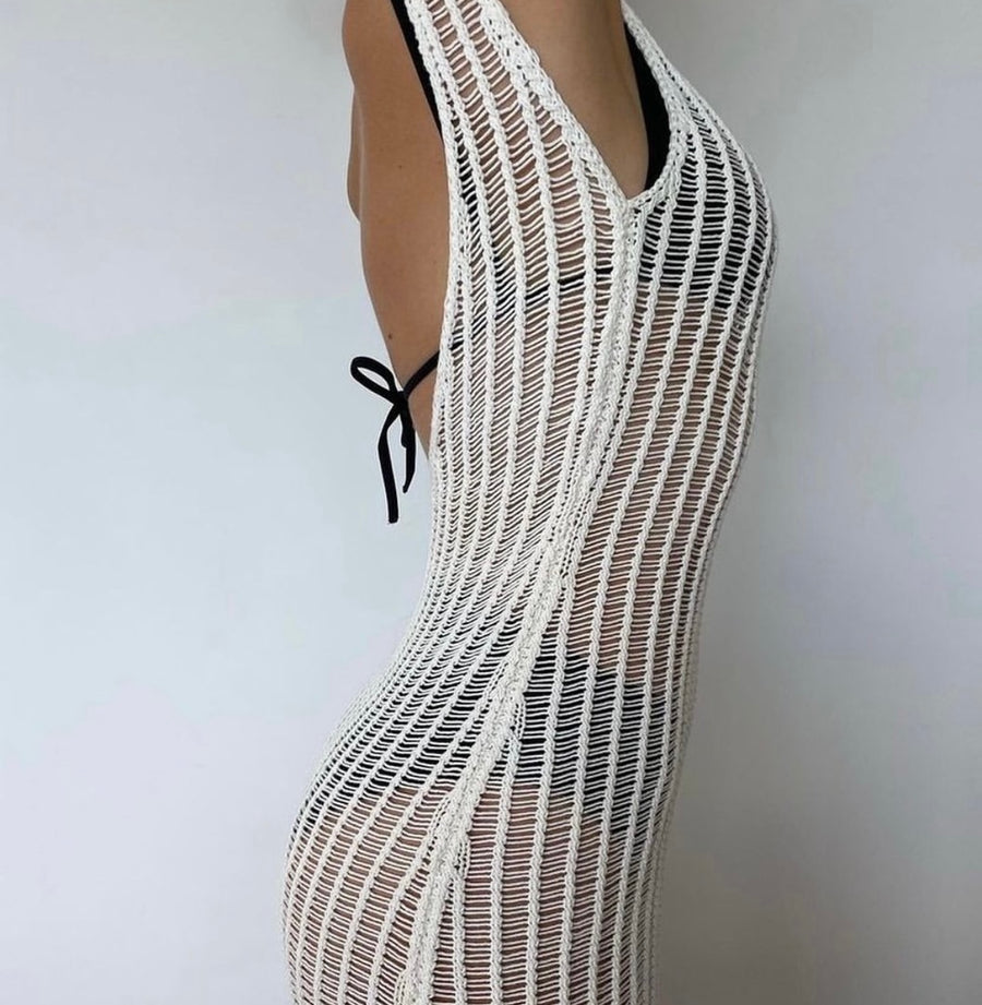 White Cotton Crochet Backless Dress